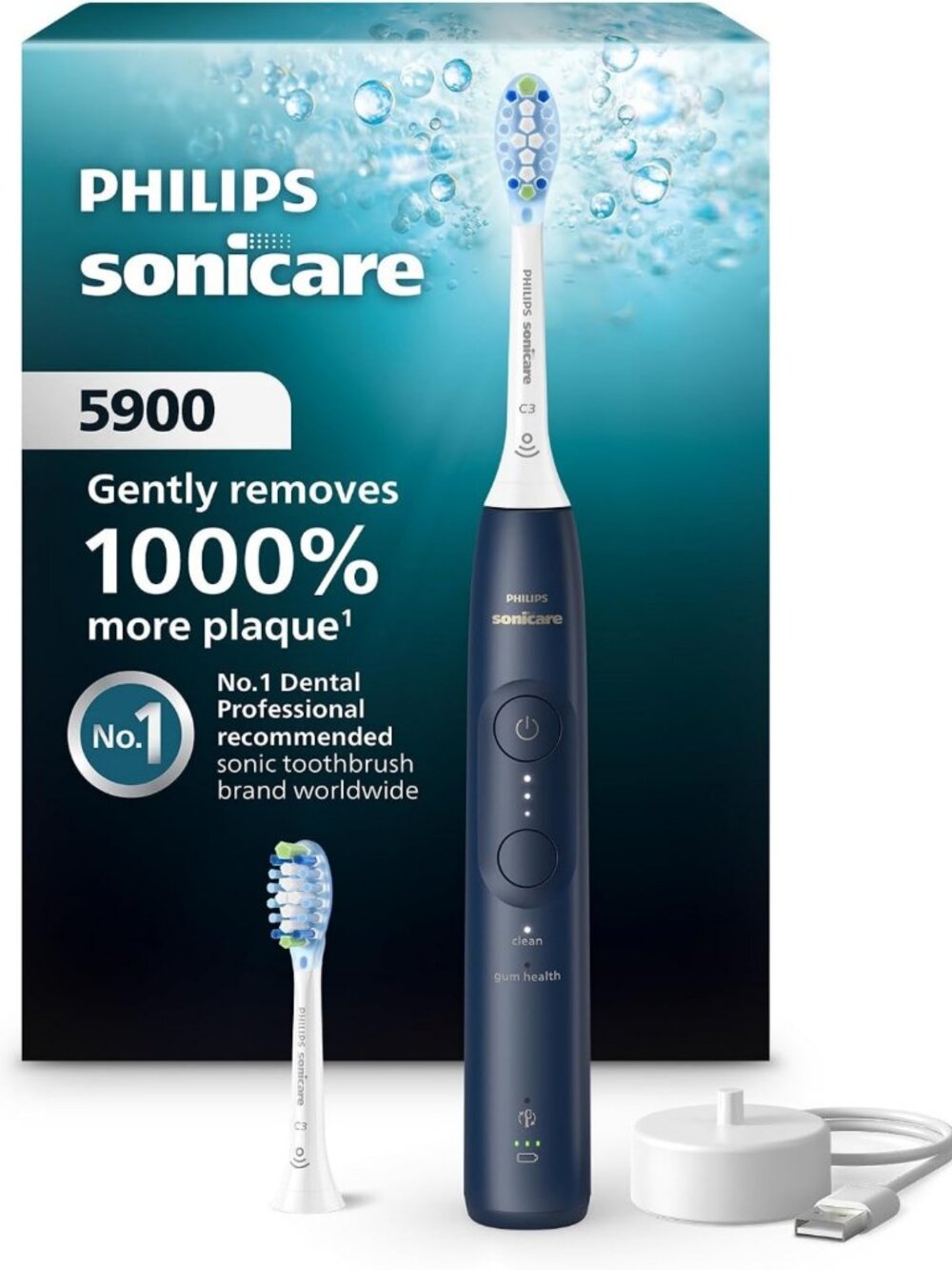 Rechargeable Electric Toothbrush with 2 Brush Heads - Navy Blue, Sonic Cleaning